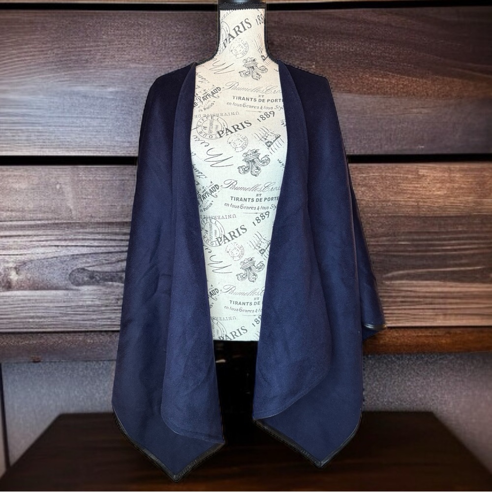 Talbots Wool Blend Navy Blue Wrap Cape with Leather Trim – One Size